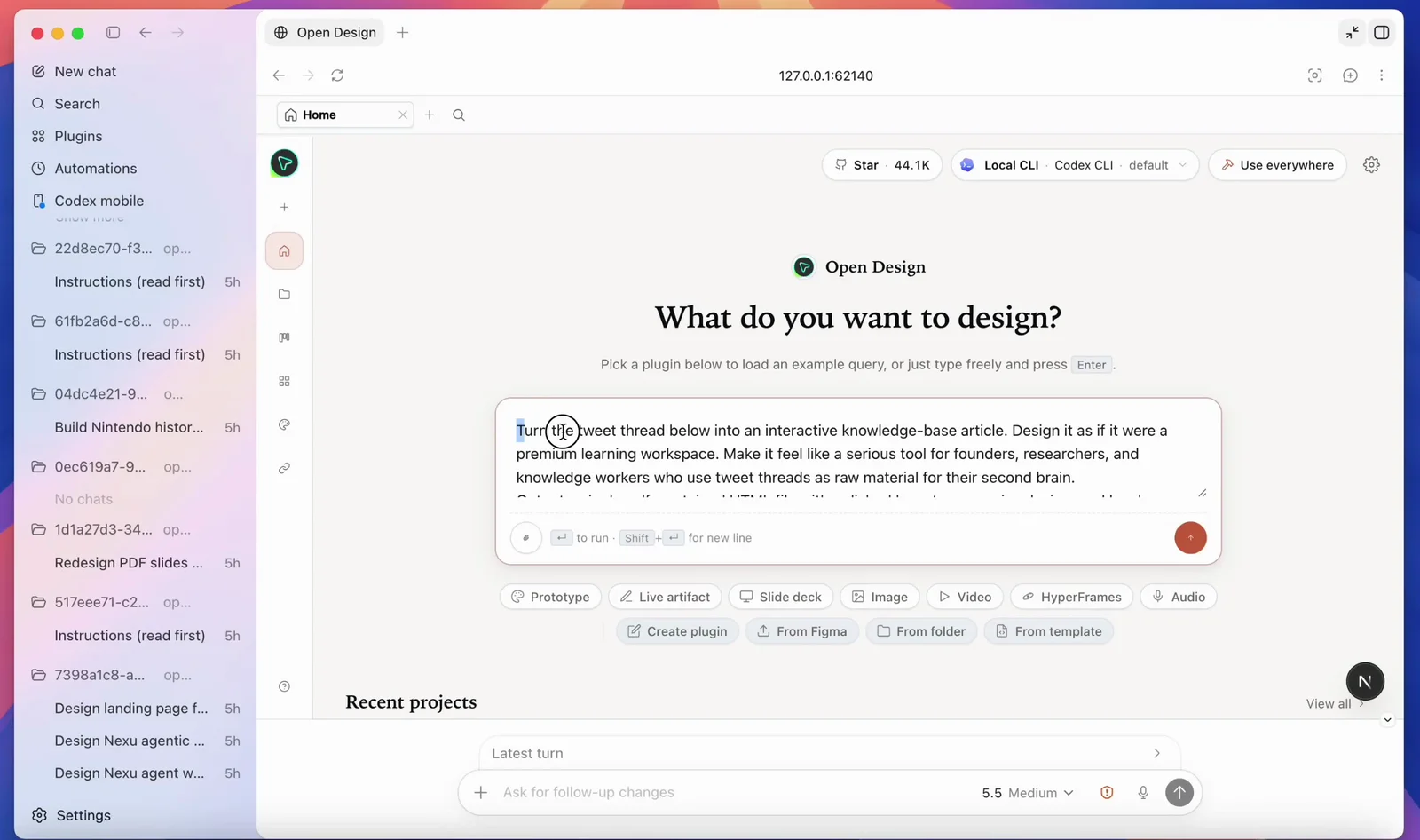The OpenDesign desktop app home screen titled 'What do you want to design?', with a plugin picker and Codex selected as the agent, no terminal required.