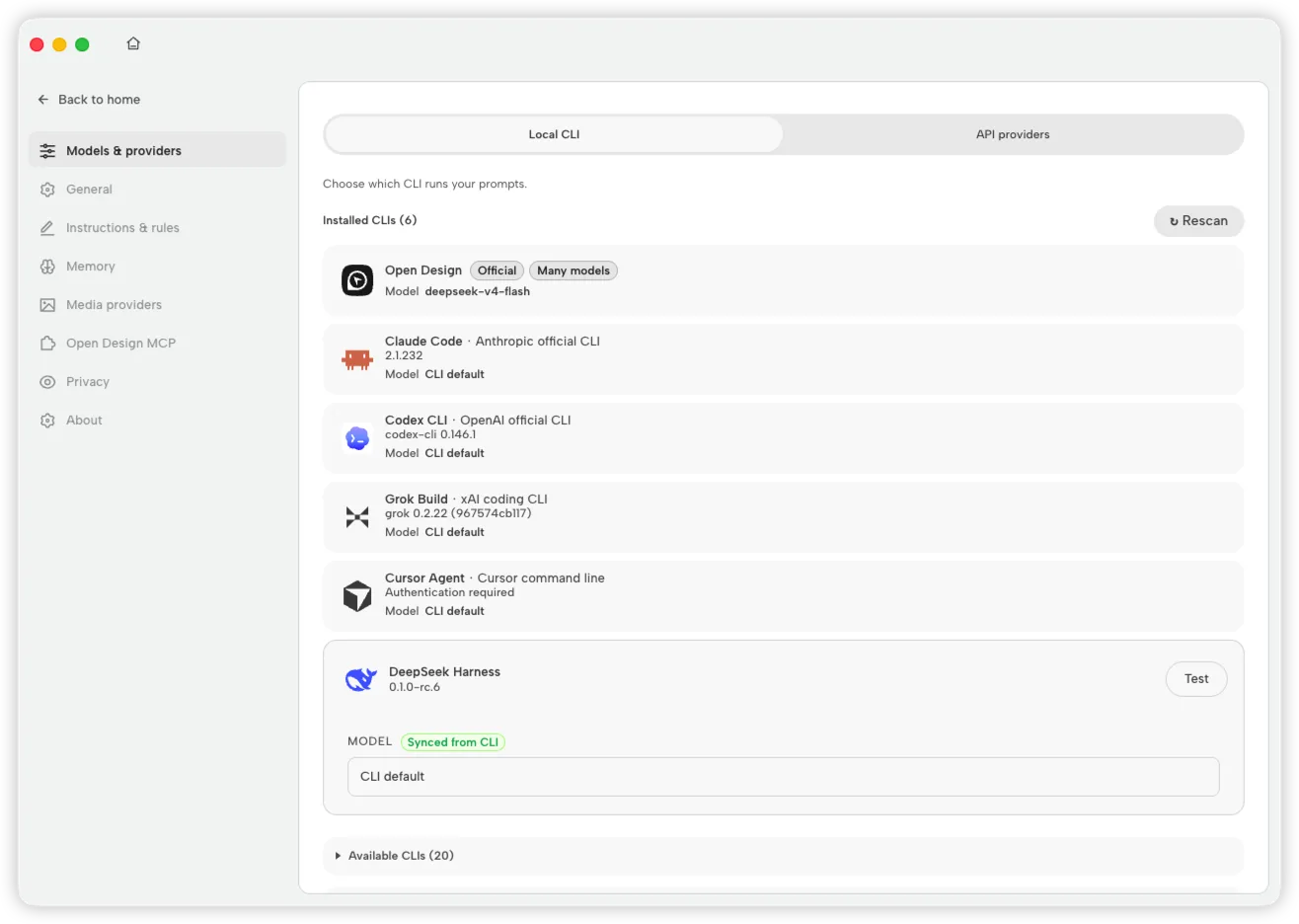 OpenDesign Models and providers settings showing DeepSeek Harness installed, synced from CLI, and ready to test