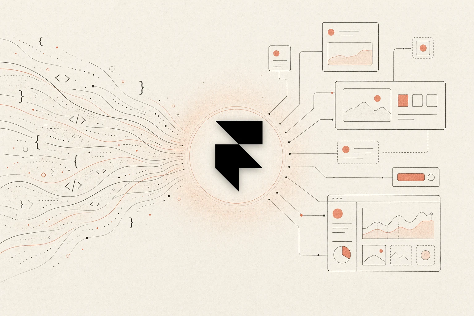 OpenDesign vs Framer — warm-paper editorial illustration of code converging into a design hub