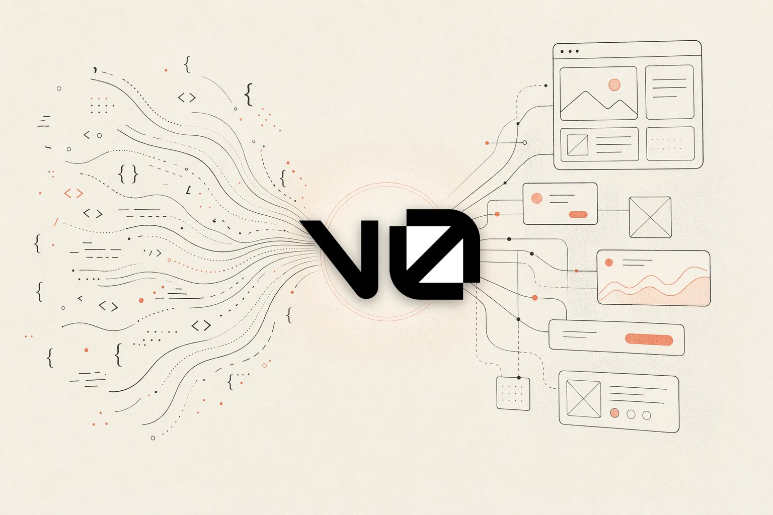 OpenDesign vs v0 — warm-paper editorial illustration of code converging into a design hub