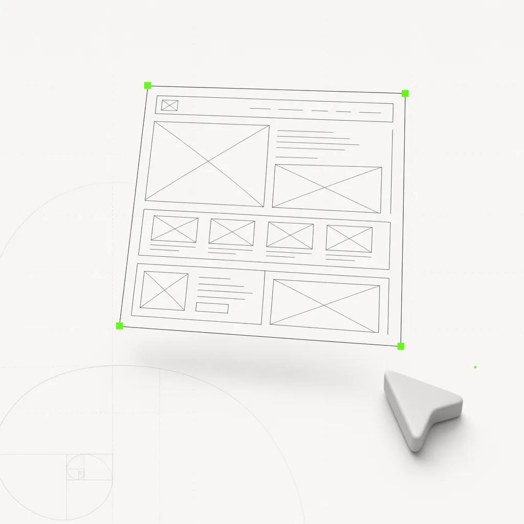 Um esqueleto de layout em wireframe se erguendo como sua própria camada selecionável acima de um canvas em branco, em uma moldura verde sobre um fundo editorial quase branco
