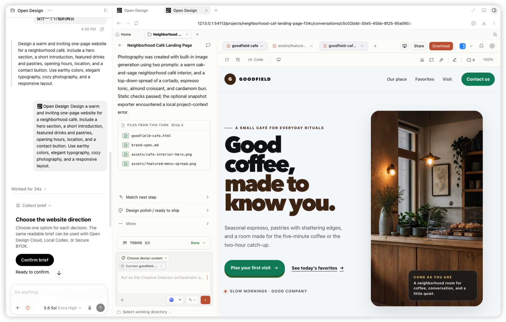 Landing page finalizada do café de bairro Goodfield, gerada pelo plugin OpenDesign no Codex