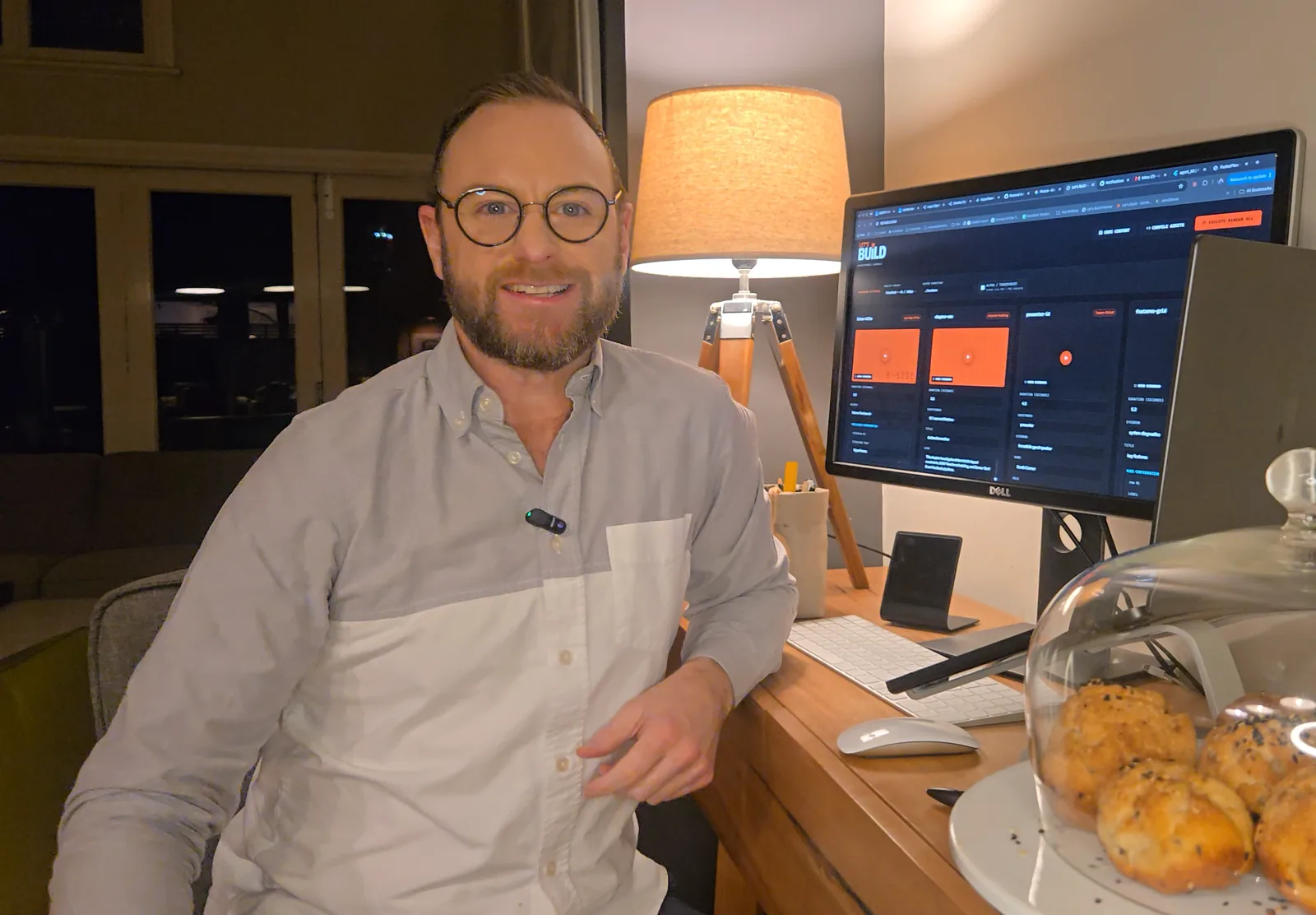 Stuart Gardoll at his Let's Build desk, the OpenDesign motion editor on screen