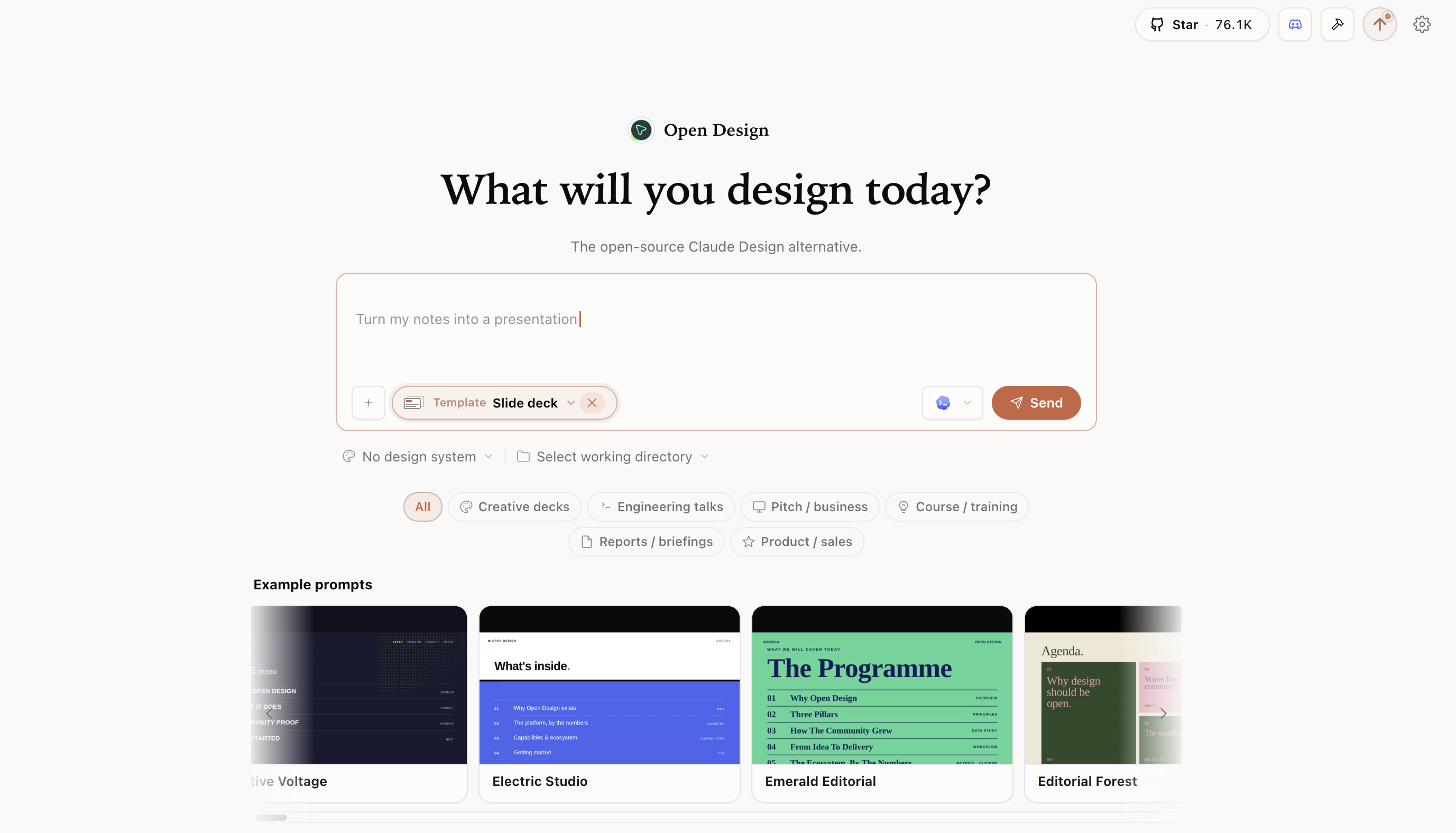OpenDesign Deck Mode selected in the prompt composer