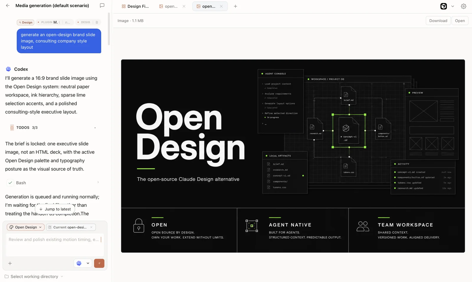 A dark OpenDesign slide image generated in Image Mode