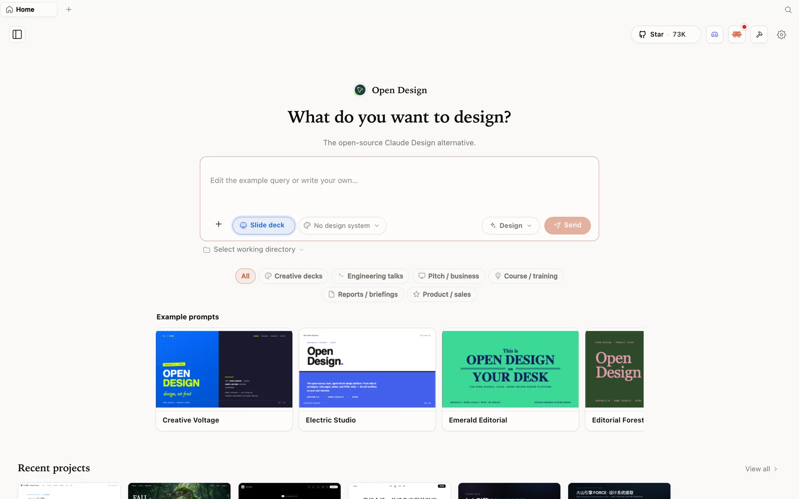 Slide-deck mode in OpenDesign with example decks.