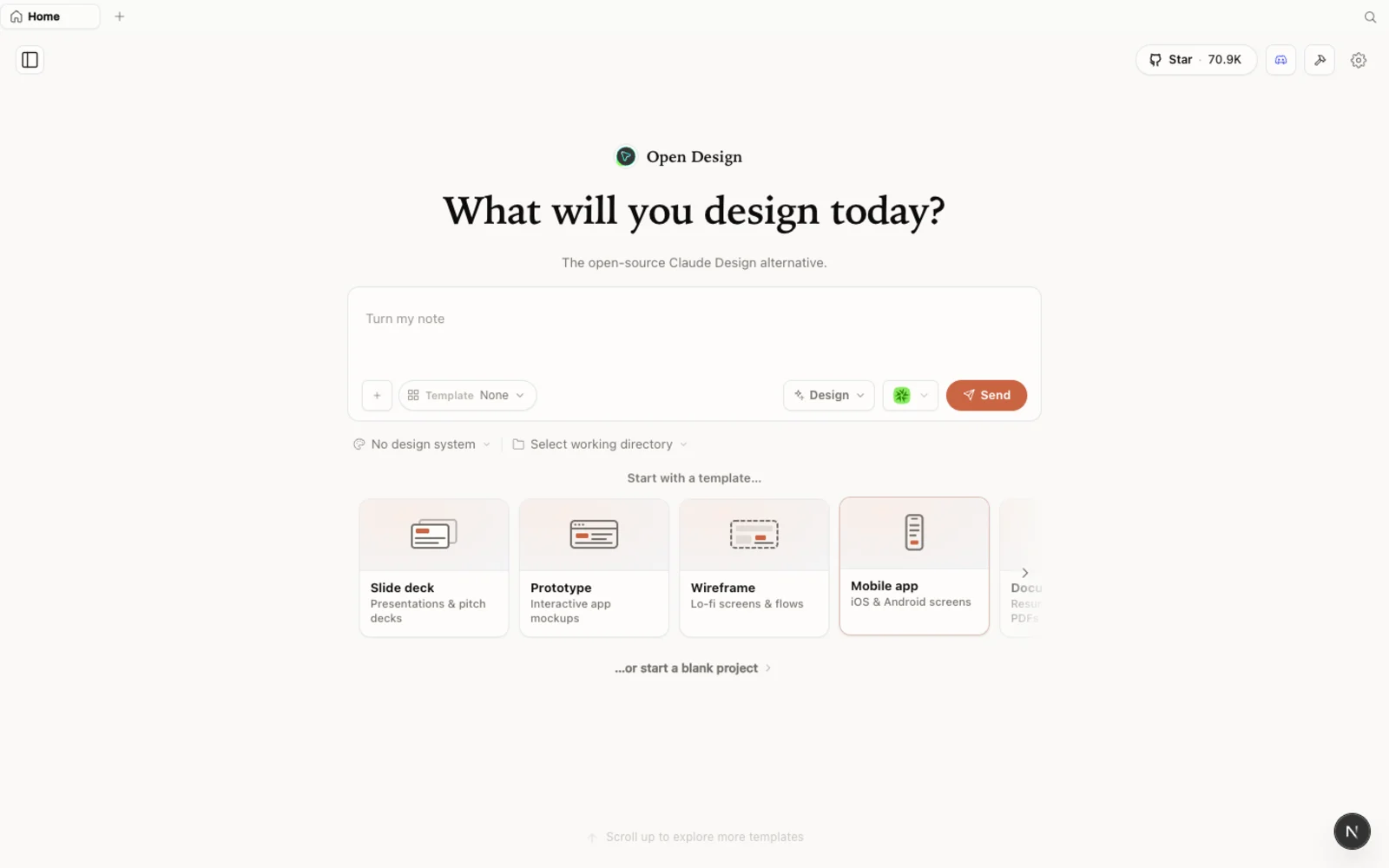 The OpenDesign workspace — what you land on after install.